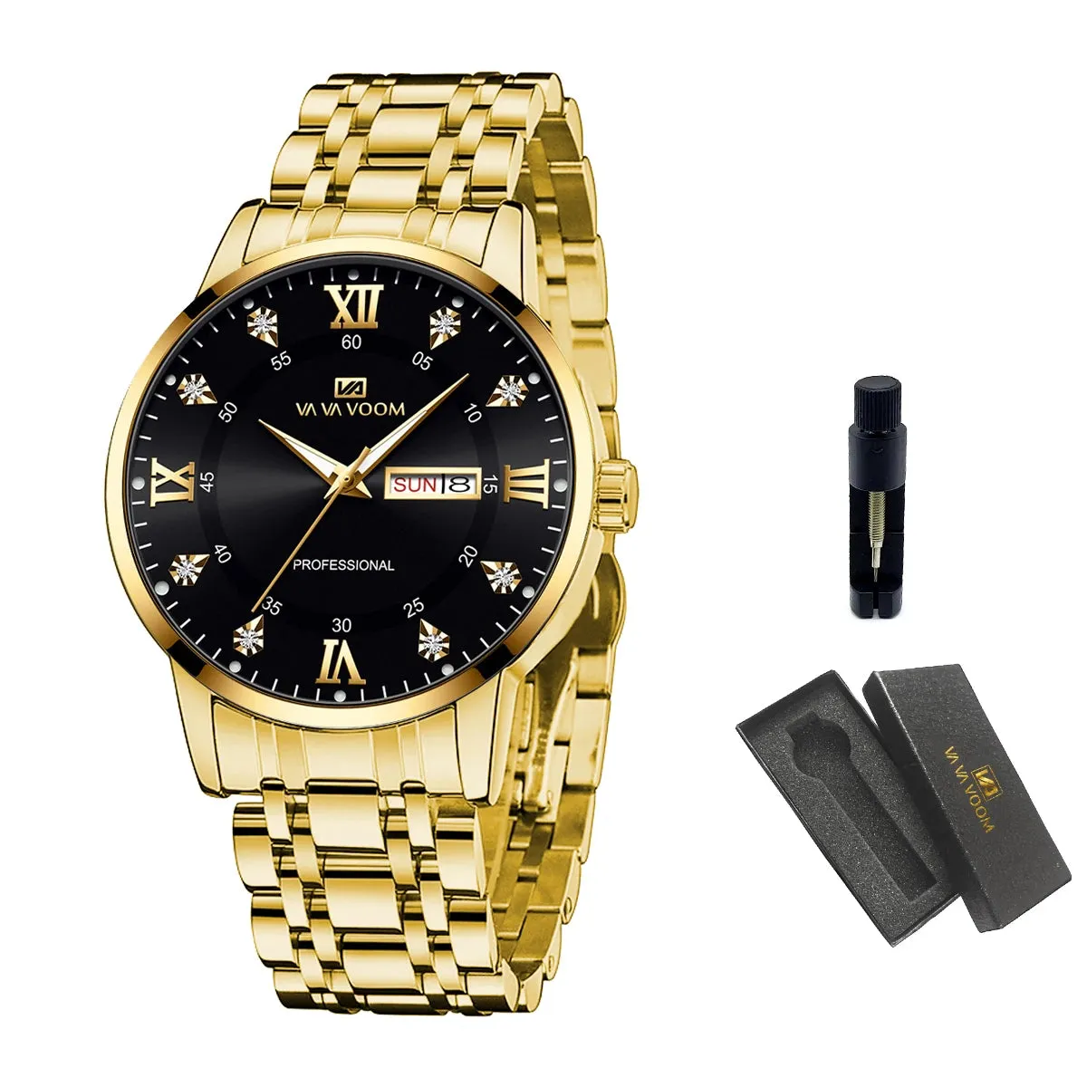 Luxurious Watch For Men US Fast Delivery Golden Black Rhinestone Moonlight Stainless Steel Business Leisure Quartz 1 Set Watches