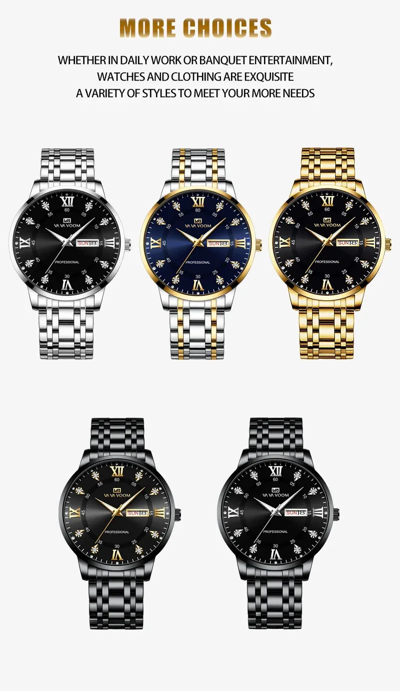 Luxurious Watch For Men US Fast Delivery Golden Black Rhinestone Moonlight Stainless Steel Business Leisure Quartz 1 Set Watches