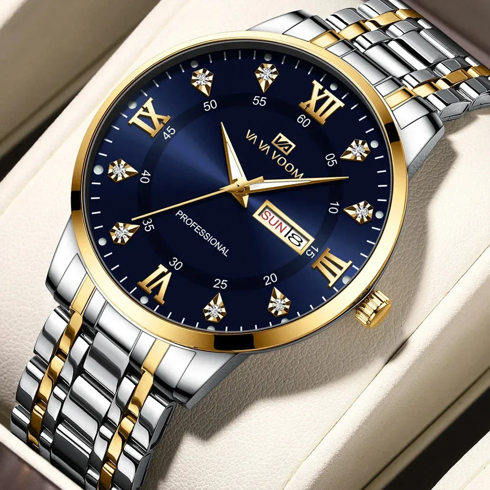 Luxurious Watch For Men US Fast Delivery Golden Black Rhinestone Moonlight Stainless Steel Business Leisure Quartz 1 Set Watches