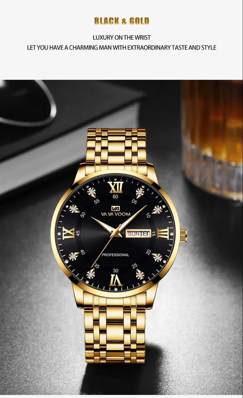 Luxurious Watch For Men US Fast Delivery Golden Black Rhinestone Moonlight Stainless Steel Business Leisure Quartz 1 Set Watches