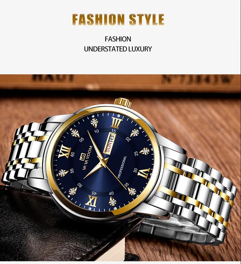 Luxurious Watch For Men US Fast Delivery Golden Black Rhinestone Moonlight Stainless Steel Business Leisure Quartz 1 Set Watches