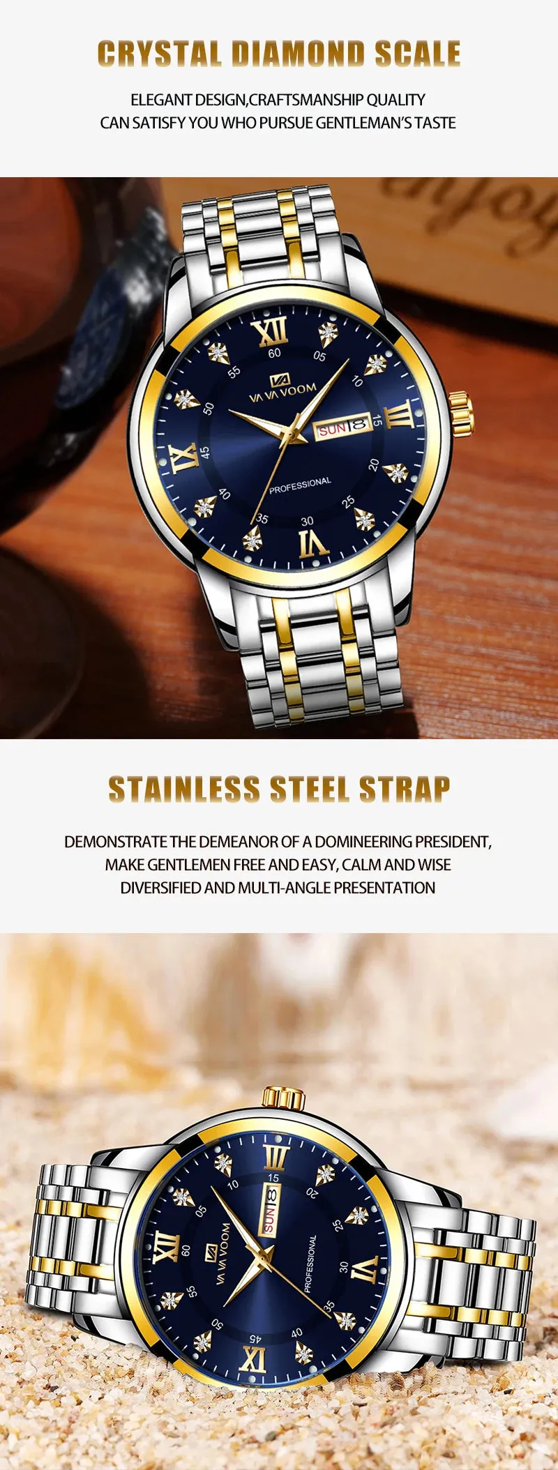 Luxurious Watch For Men US Fast Delivery Golden Black Rhinestone Moonlight Stainless Steel Business Leisure Quartz 1 Set Watches