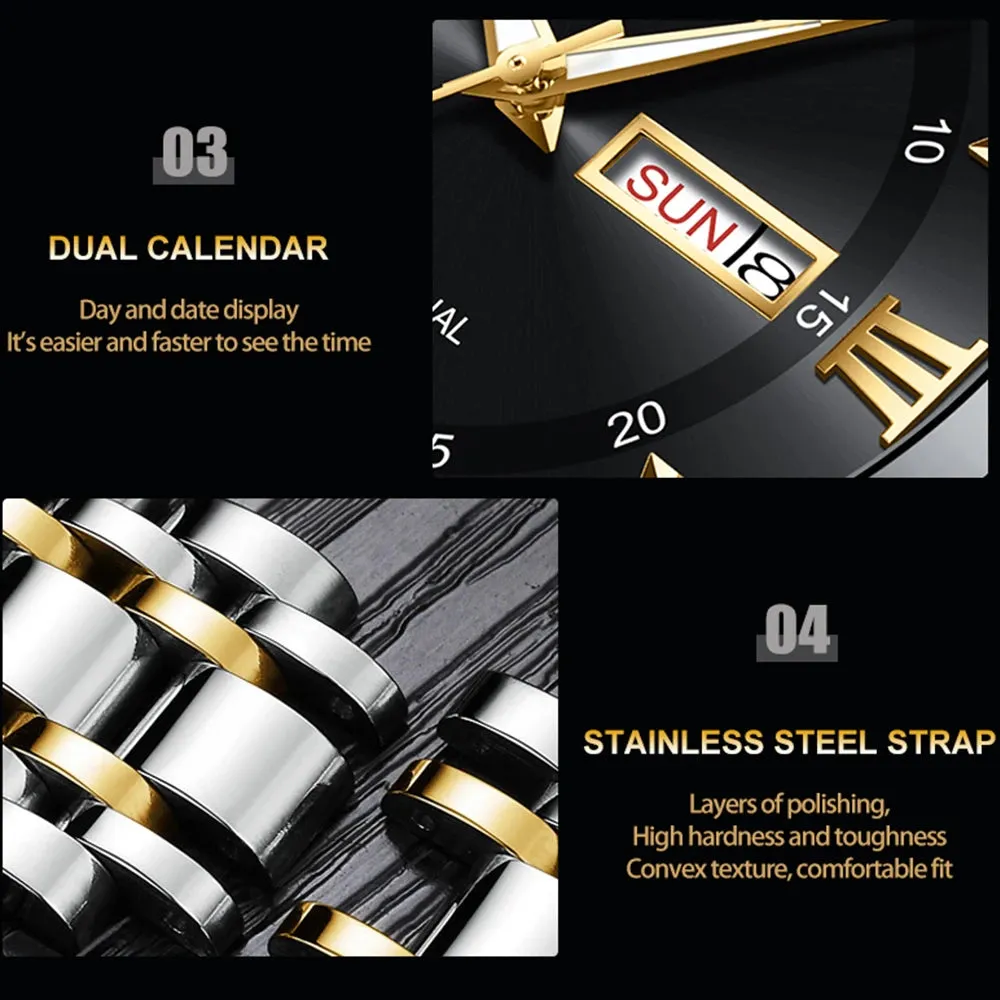 Luxurious Watch For Men US Fast Delivery Golden Black Rhinestone Moonlight Stainless Steel Business Leisure Quartz 1 Set Watches