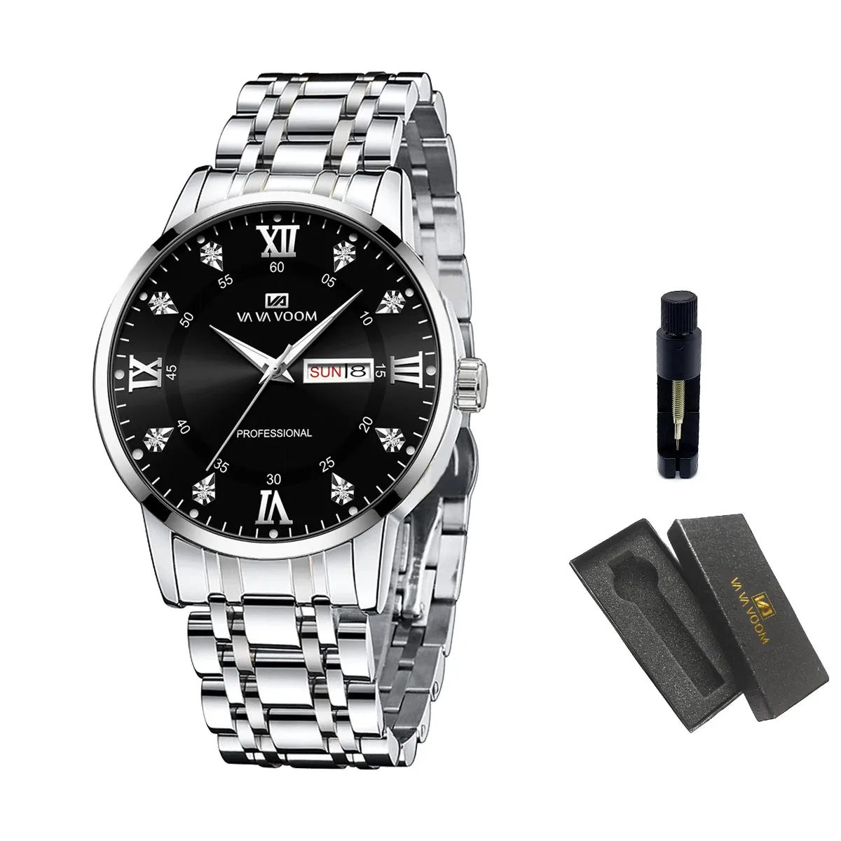 Luxurious Watch For Men US Fast Delivery Golden Black Rhinestone Moonlight Stainless Steel Business Leisure Quartz 1 Set Watches