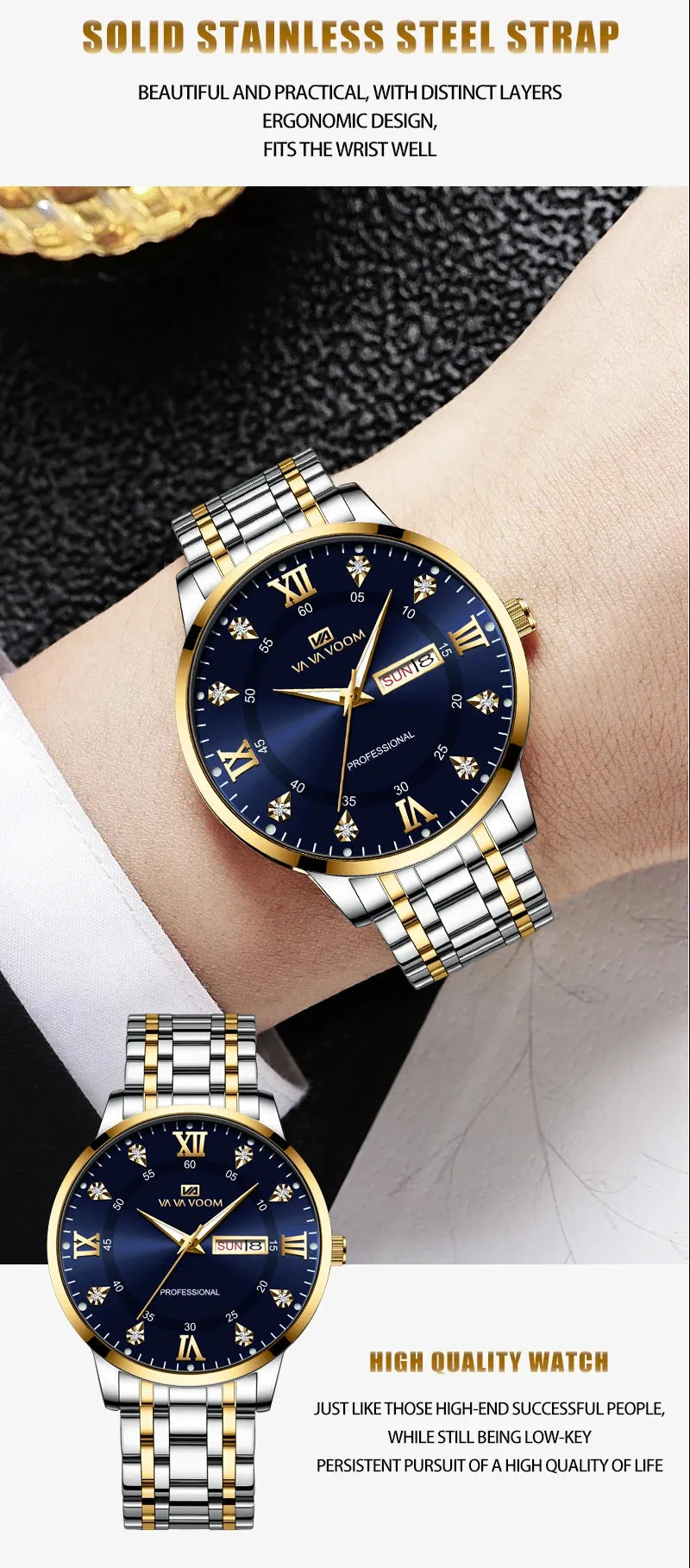 Luxurious Watch For Men US Fast Delivery Golden Black Rhinestone Moonlight Stainless Steel Business Leisure Quartz 1 Set Watches