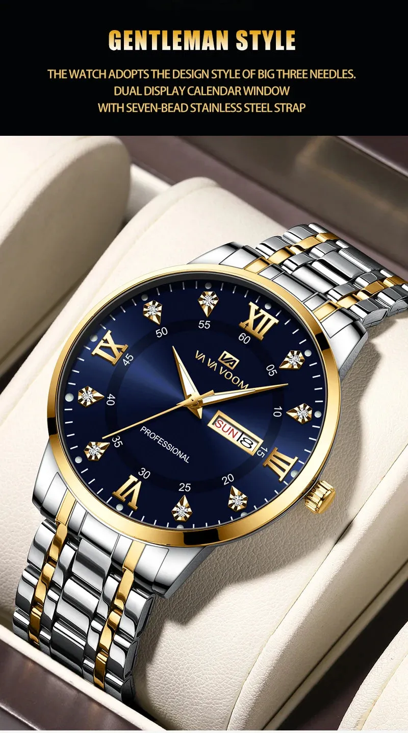 Luxurious Watch For Men US Fast Delivery Golden Black Rhinestone Moonlight Stainless Steel Business Leisure Quartz 1 Set Watches