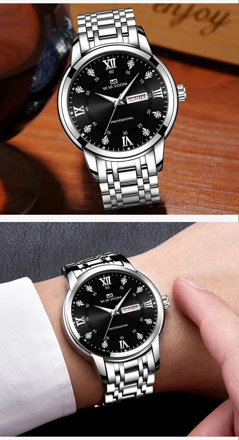 Luxurious Watch For Men US Fast Delivery Golden Black Rhinestone Moonlight Stainless Steel Business Leisure Quartz 1 Set Watches