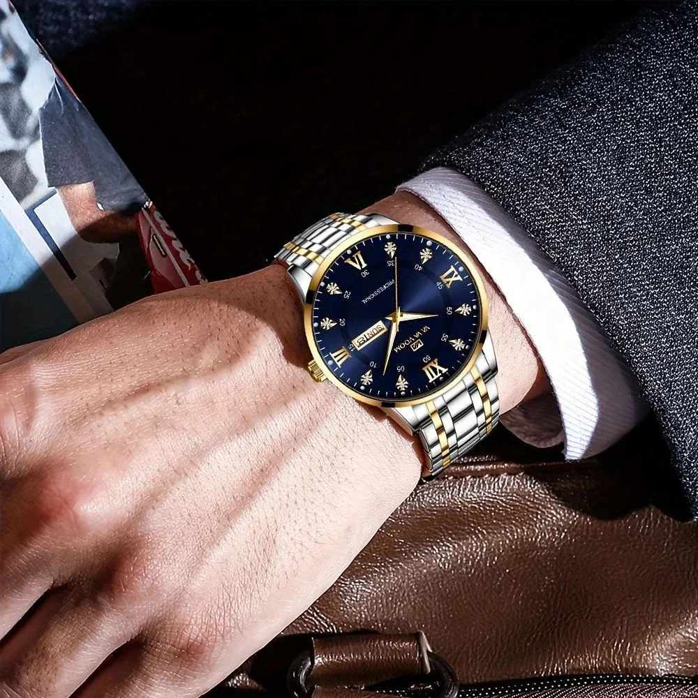 Luxurious Watch For Men US Fast Delivery Golden Black Rhinestone Moonlight Stainless Steel Business Leisure Quartz 1 Set Watches