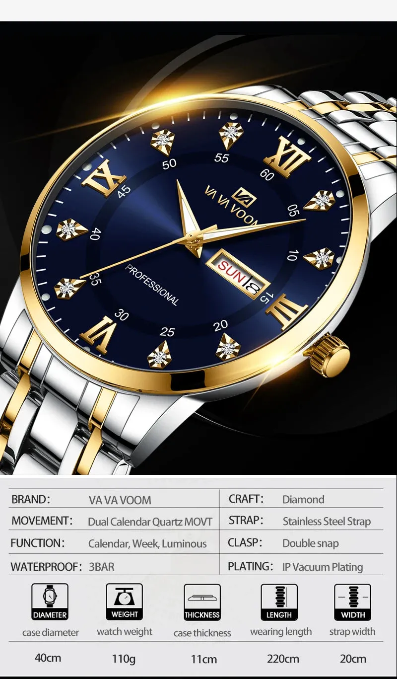 Luxurious Watch For Men US Fast Delivery Golden Black Rhinestone Moonlight Stainless Steel Business Leisure Quartz 1 Set Watches