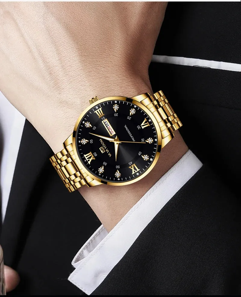 Luxurious Watch For Men US Fast Delivery Golden Black Rhinestone Moonlight Stainless Steel Business Leisure Quartz 1 Set Watches