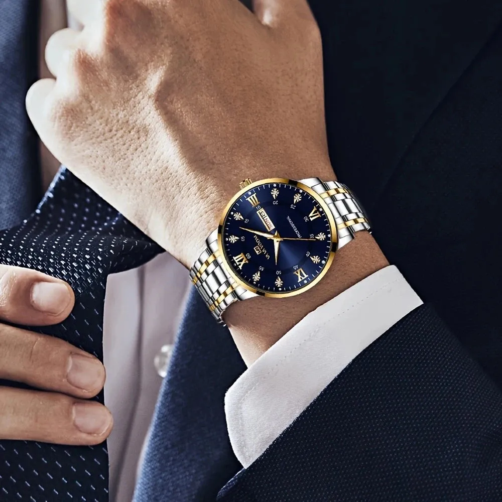 Luxurious Watch For Men US Fast Delivery Golden Black Rhinestone Moonlight Stainless Steel Business Leisure Quartz 1 Set Watches
