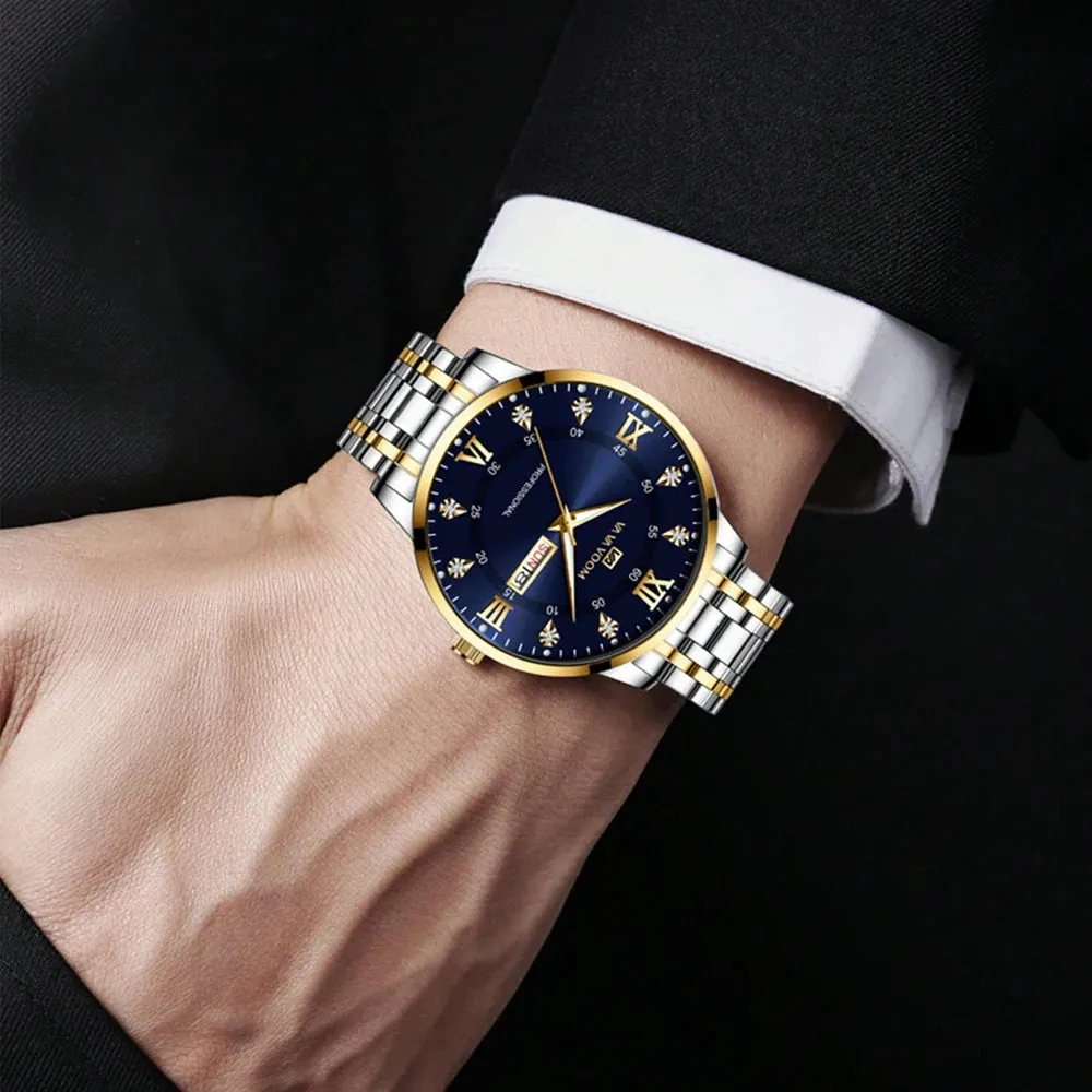 Luxurious Watch For Men US Fast Delivery Golden Black Rhinestone Moonlight Stainless Steel Business Leisure Quartz 1 Set Watches