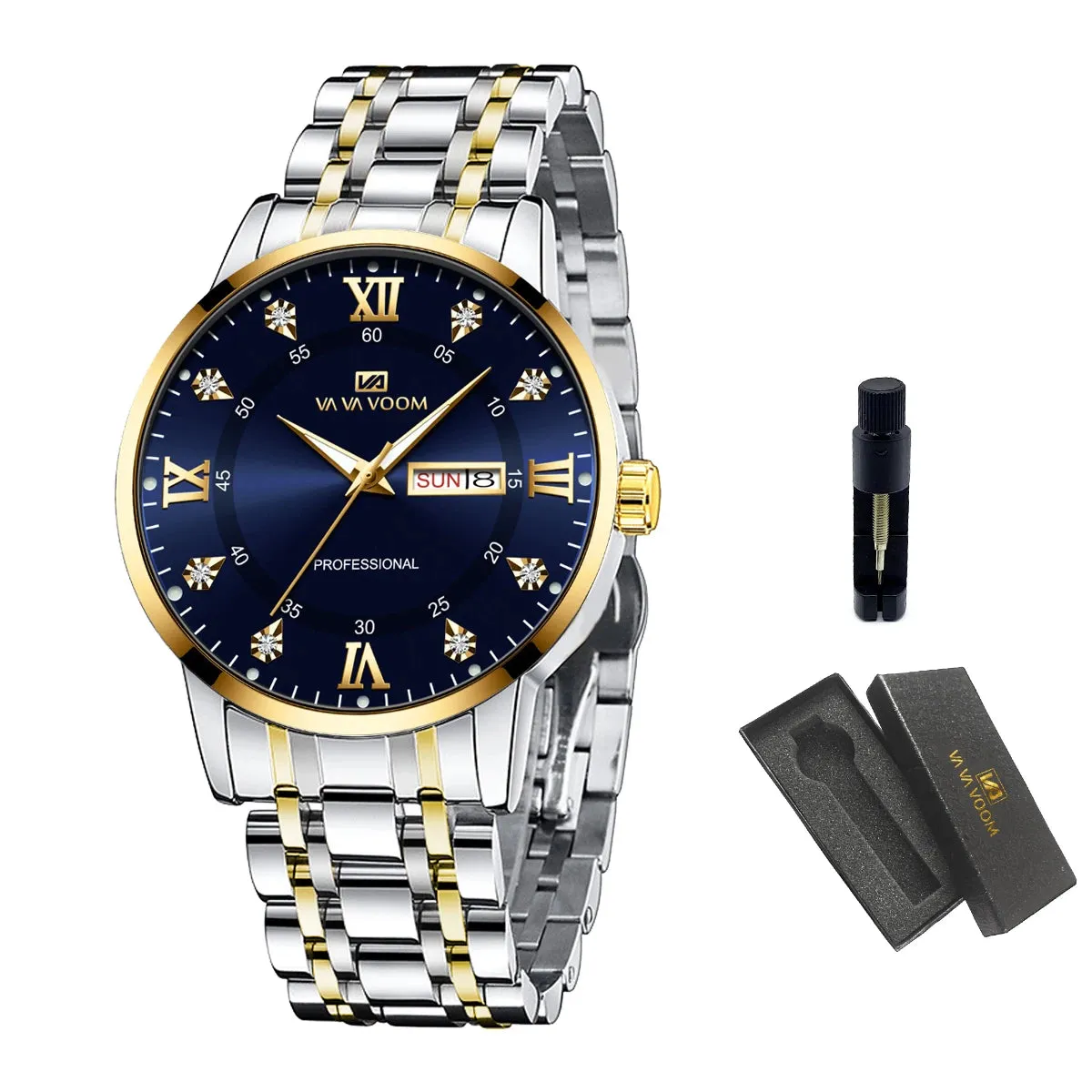 Luxurious Watch For Men US Fast Delivery Golden Black Rhinestone Moonlight Stainless Steel Business Leisure Quartz 1 Set Watches