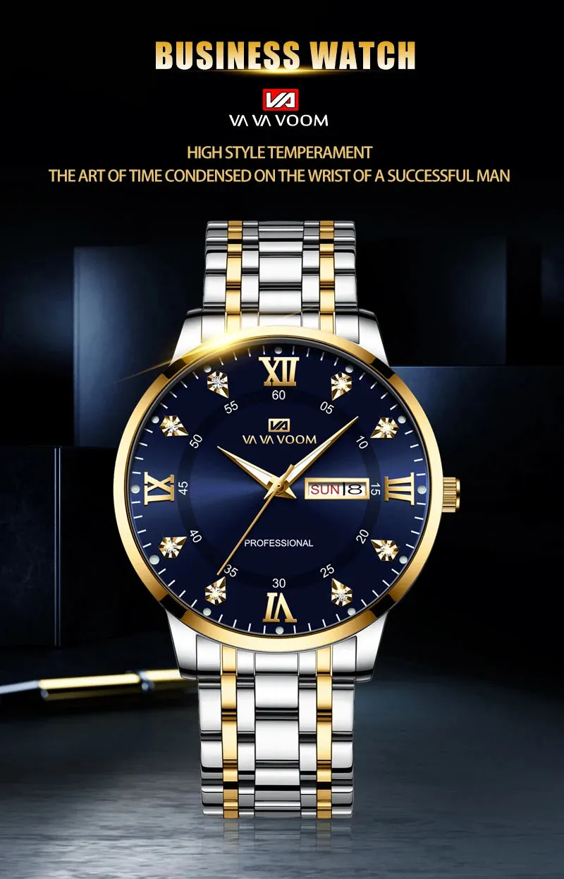 Luxurious Watch For Men US Fast Delivery Golden Black Rhinestone Moonlight Stainless Steel Business Leisure Quartz 1 Set Watches