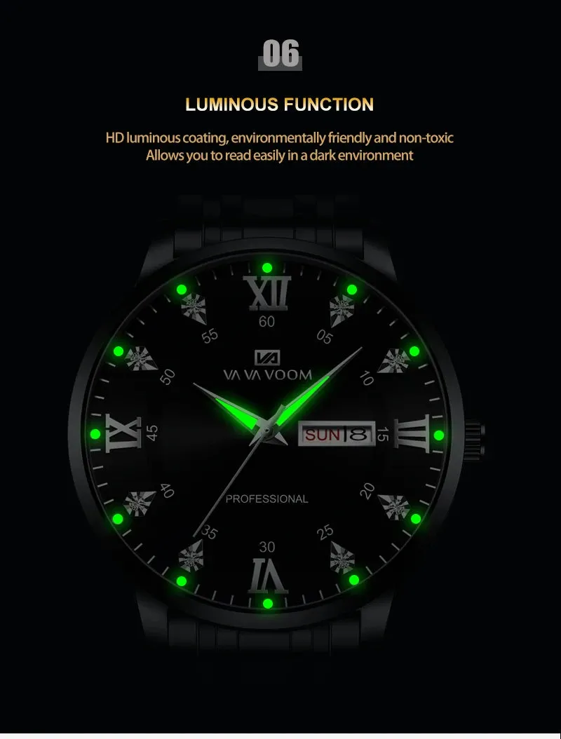 Luxurious Watch For Men US Fast Delivery Golden Black Rhinestone Moonlight Stainless Steel Business Leisure Quartz 1 Set Watches