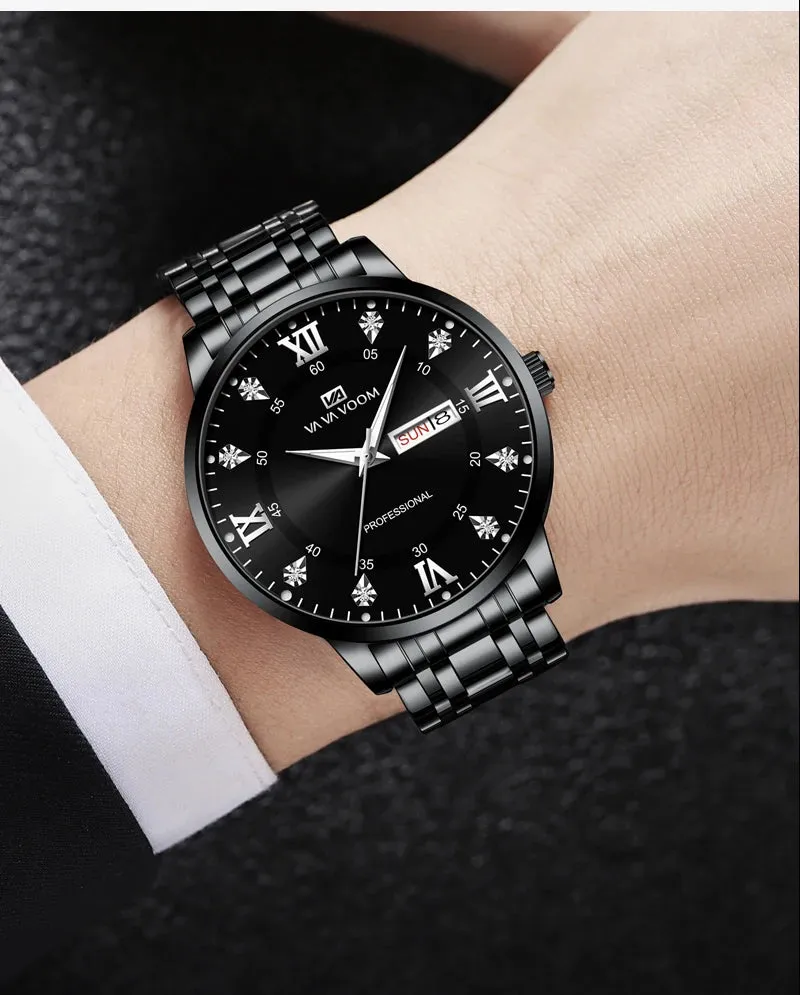 Luxurious Watch For Men US Fast Delivery Golden Black Rhinestone Moonlight Stainless Steel Business Leisure Quartz 1 Set Watches