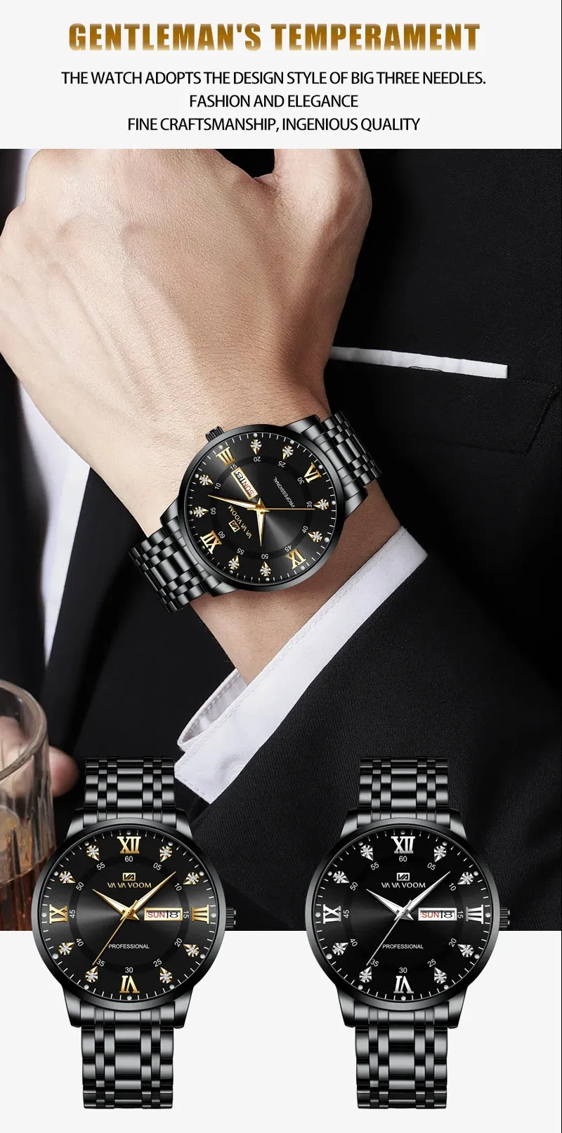 Luxurious Watch For Men US Fast Delivery Golden Black Rhinestone Moonlight Stainless Steel Business Leisure Quartz 1 Set Watches