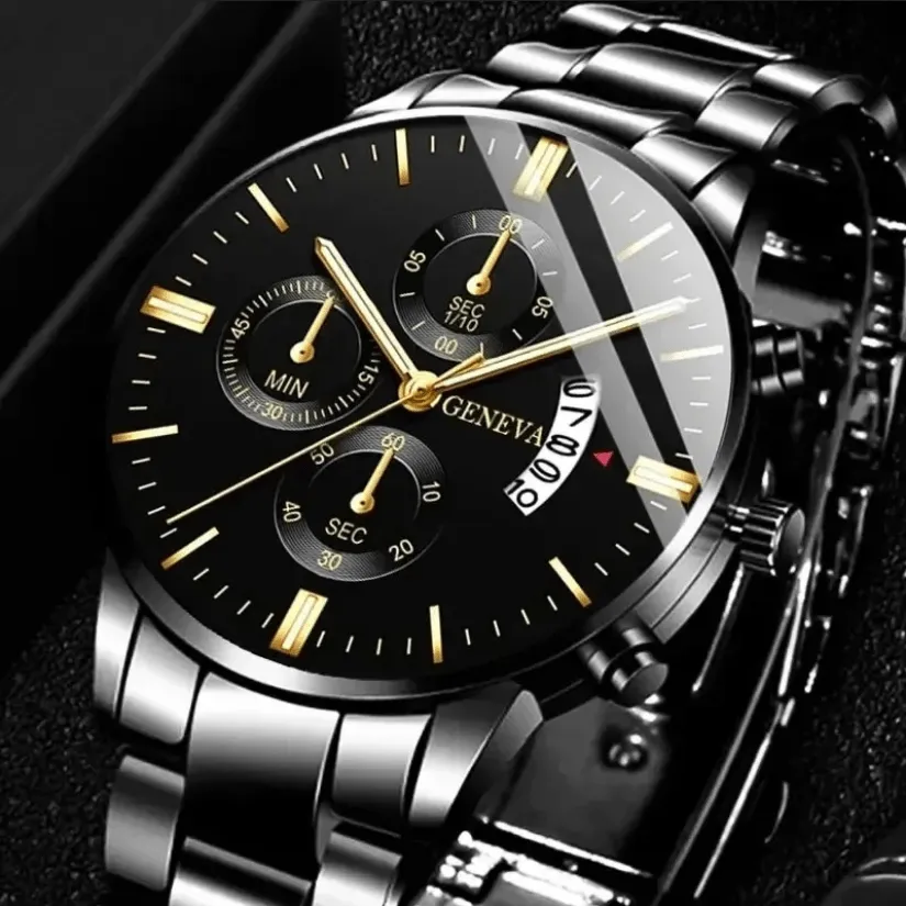 Luxury Calendar Watch and Cuban Chain Bracelet Set