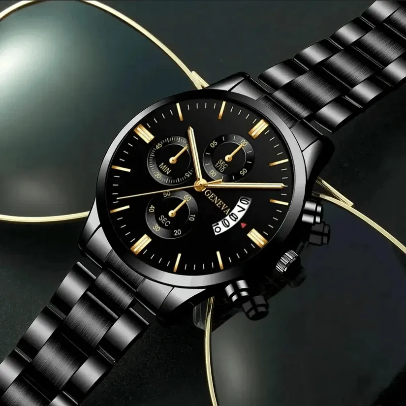 Luxury Calendar Watch and Cuban Chain Bracelet Set
