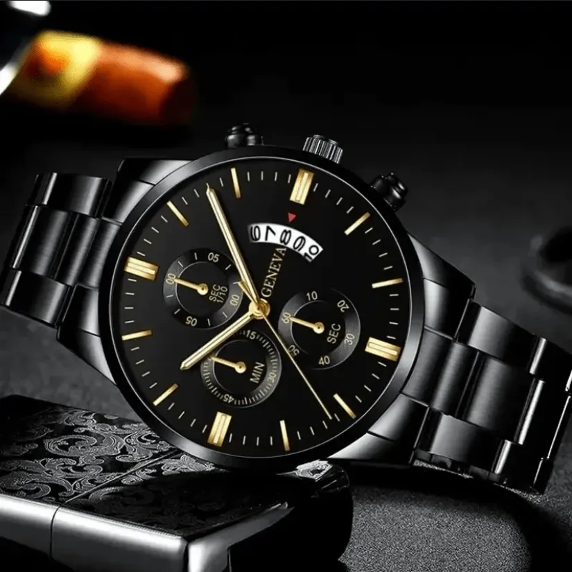 Luxury Calendar Watch and Cuban Chain Bracelet Set