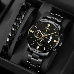Luxury Calendar Watch and Cuban Chain Bracelet Set