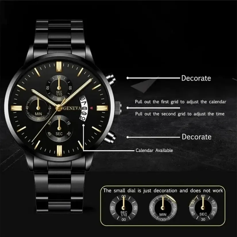 Luxury Calendar Watch and Cuban Chain Bracelet Set