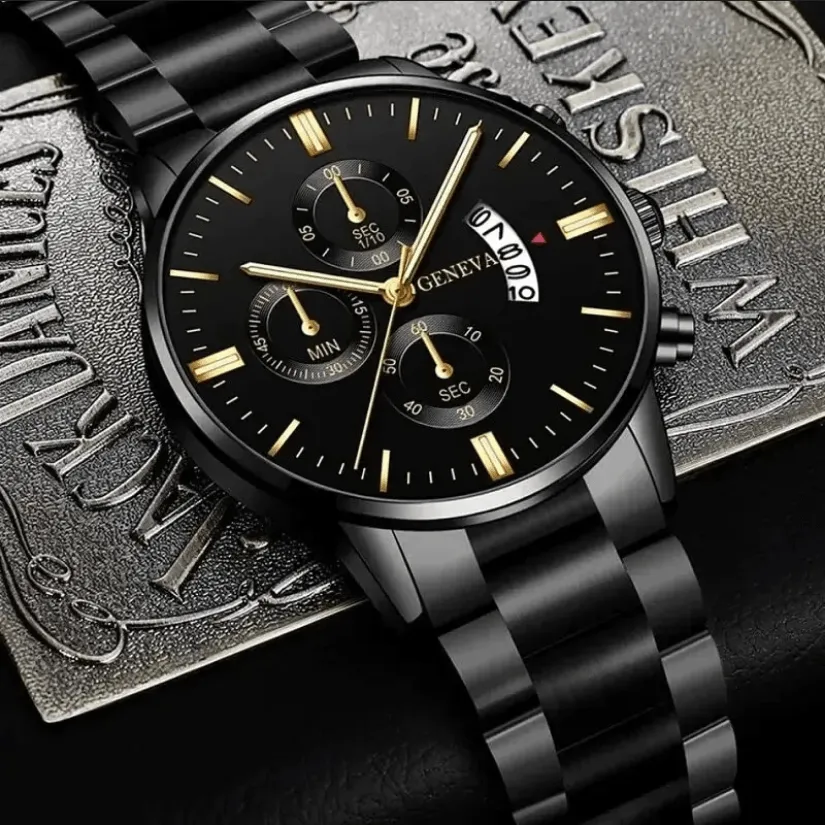 Luxury Calendar Watch and Cuban Chain Bracelet Set
