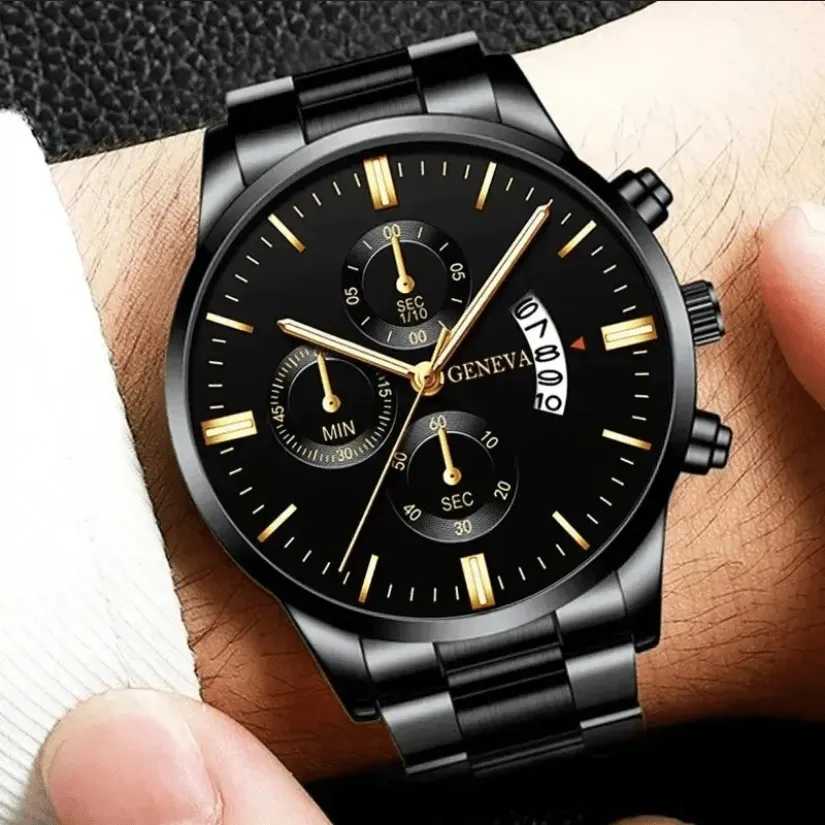 Luxury Calendar Watch and Cuban Chain Bracelet Set