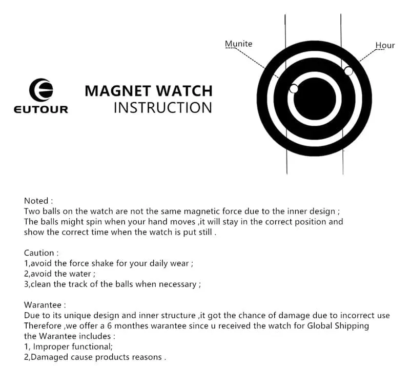 Magnetic Quartz Wrist Watch with Stainless Steel Band - EUTOUR E041