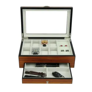 Matte Rosewood Veneer Wooden Watch & Jewelry Box with Drawer