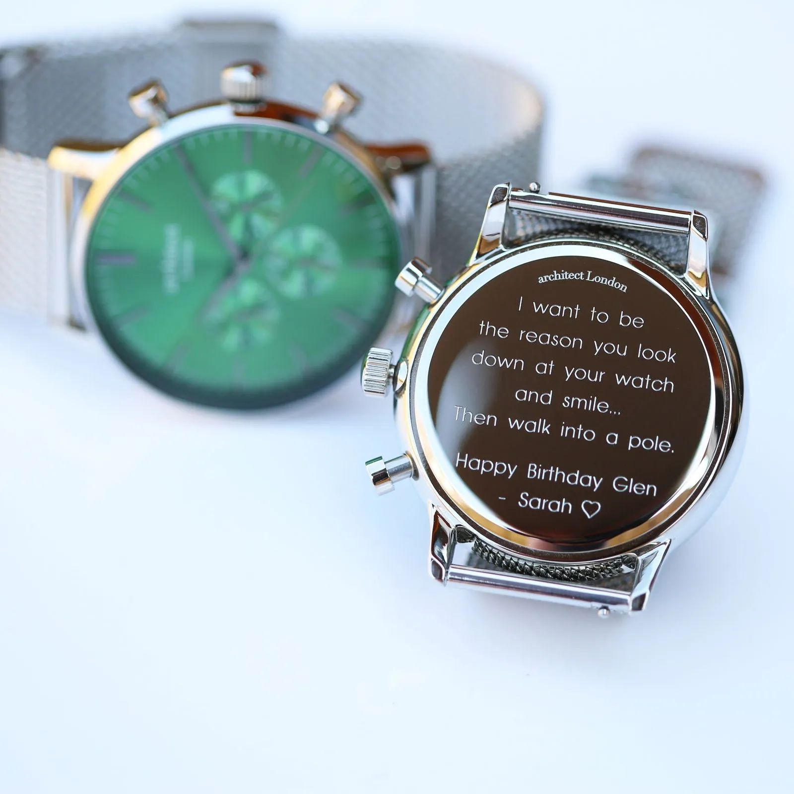 Men's Architect Engraved Watch In Envy Green & Silver