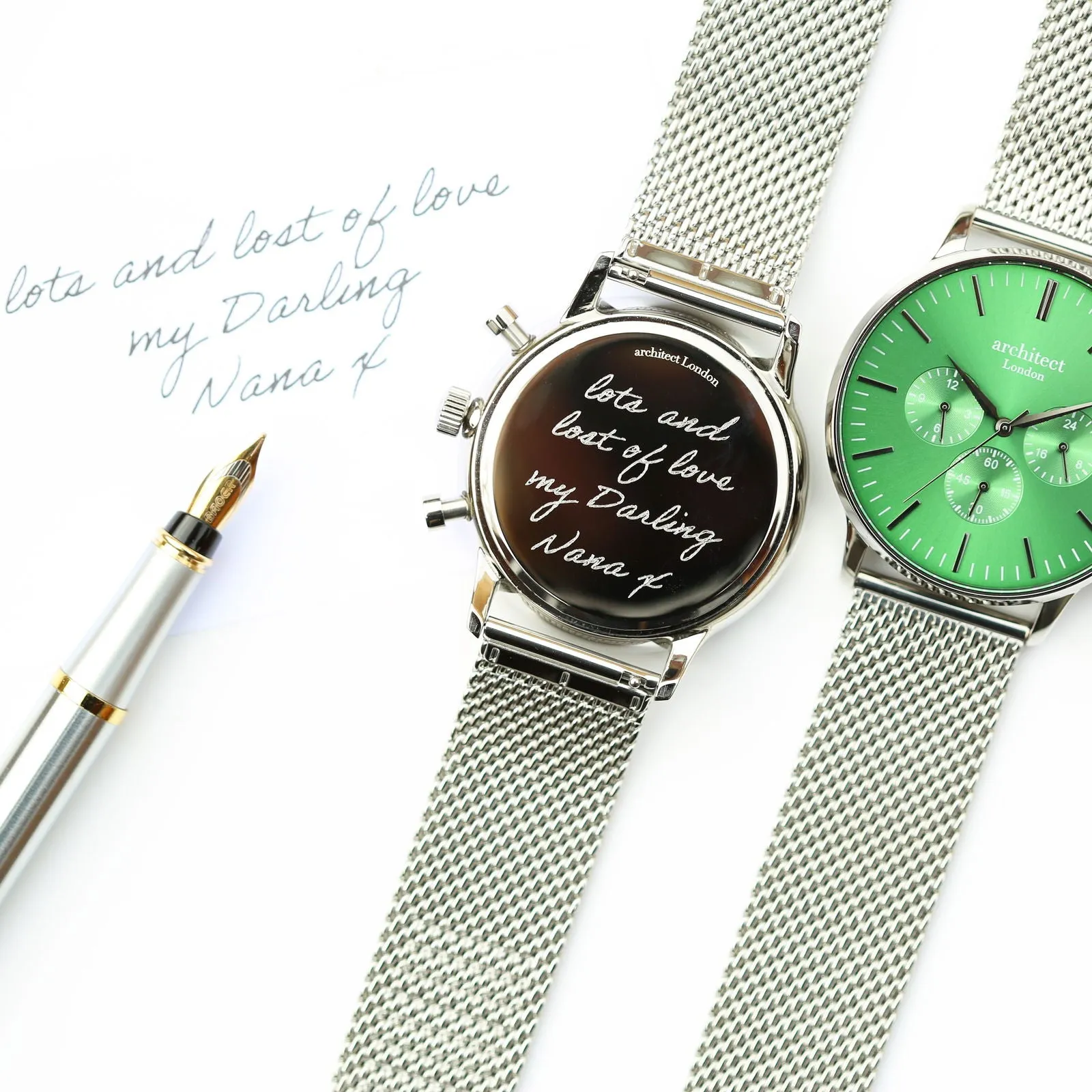 Men's Handwriting Engraved Watch - Architect Motivator Green Face Silver
