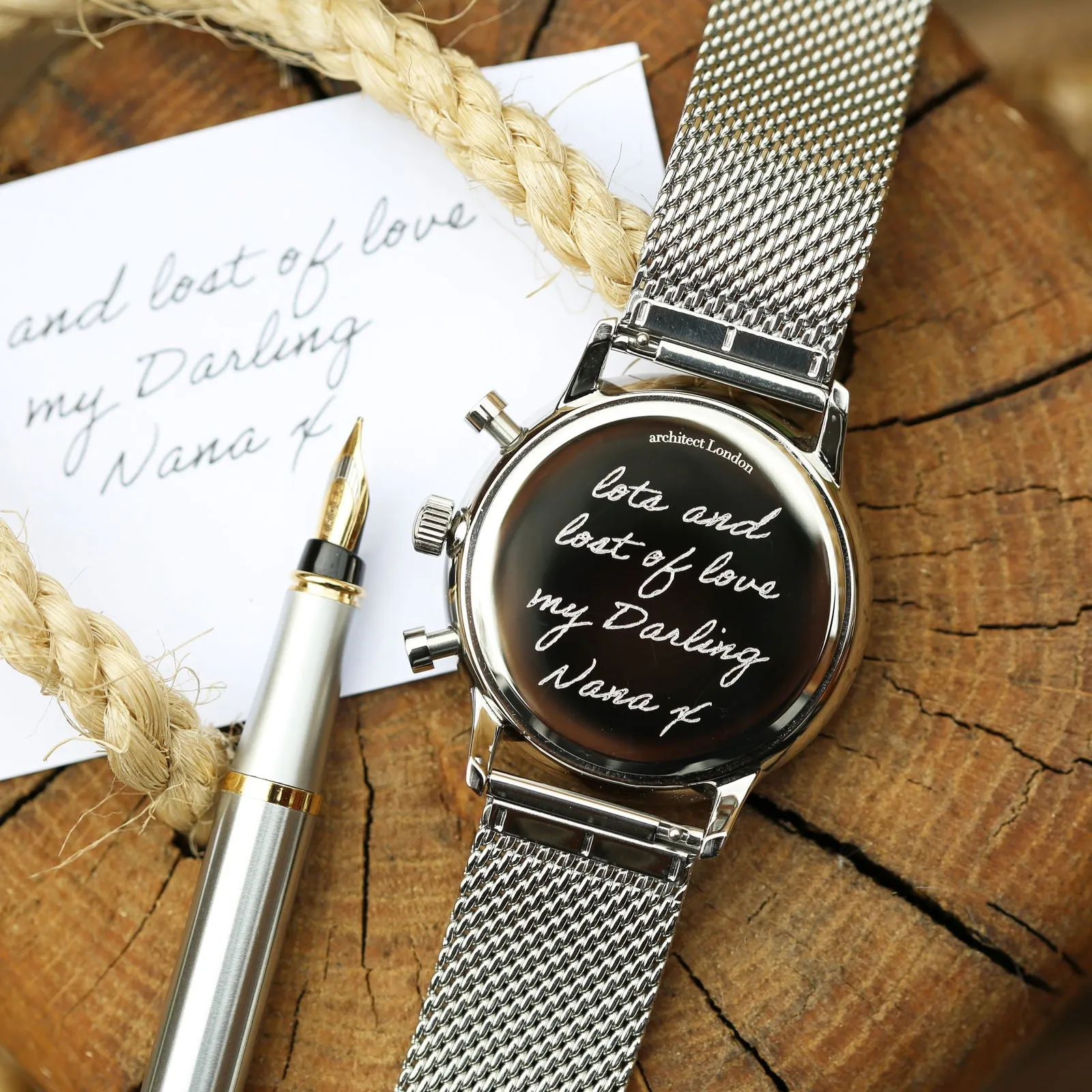 Men's Handwriting Engraved Watch - Architect Motivator Green Face Silver