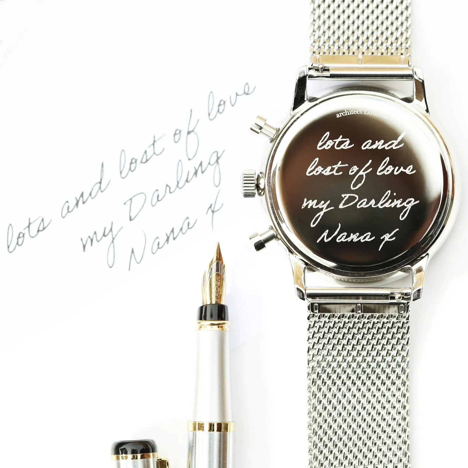 Men's Handwriting Engraved Watch - Architect Motivator Green Face Silver