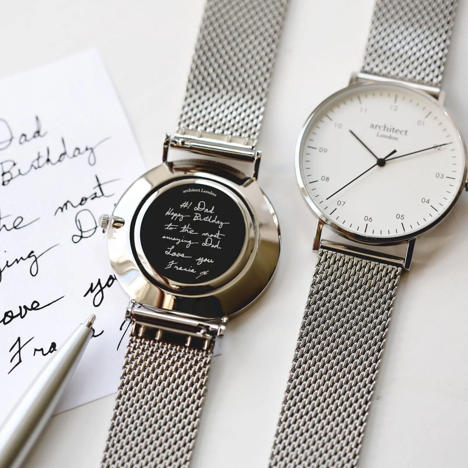 Men's Handwriting Engraved Watch - Architect Zephyr   Steel Silver Mesh