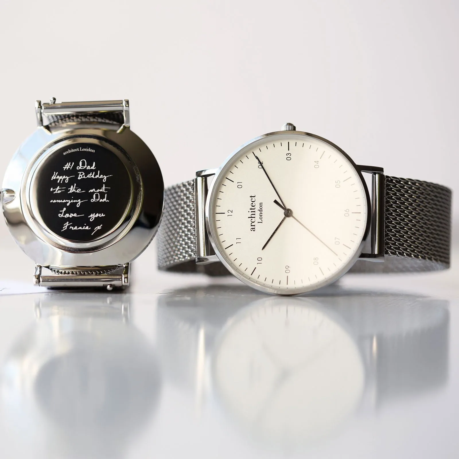 Men's Handwriting Engraved Watch - Architect Zephyr   Steel Silver Mesh