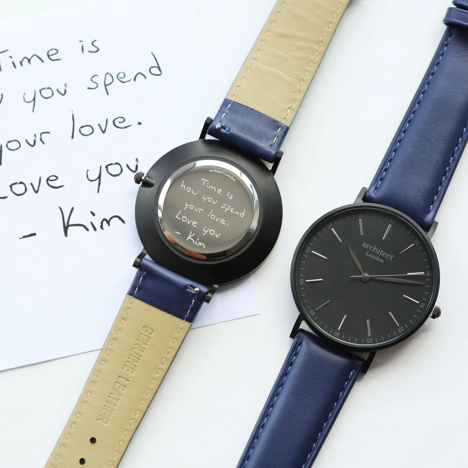 Men's Handwriting Engraved Watch - Minimalist Watch   Admiral Blue