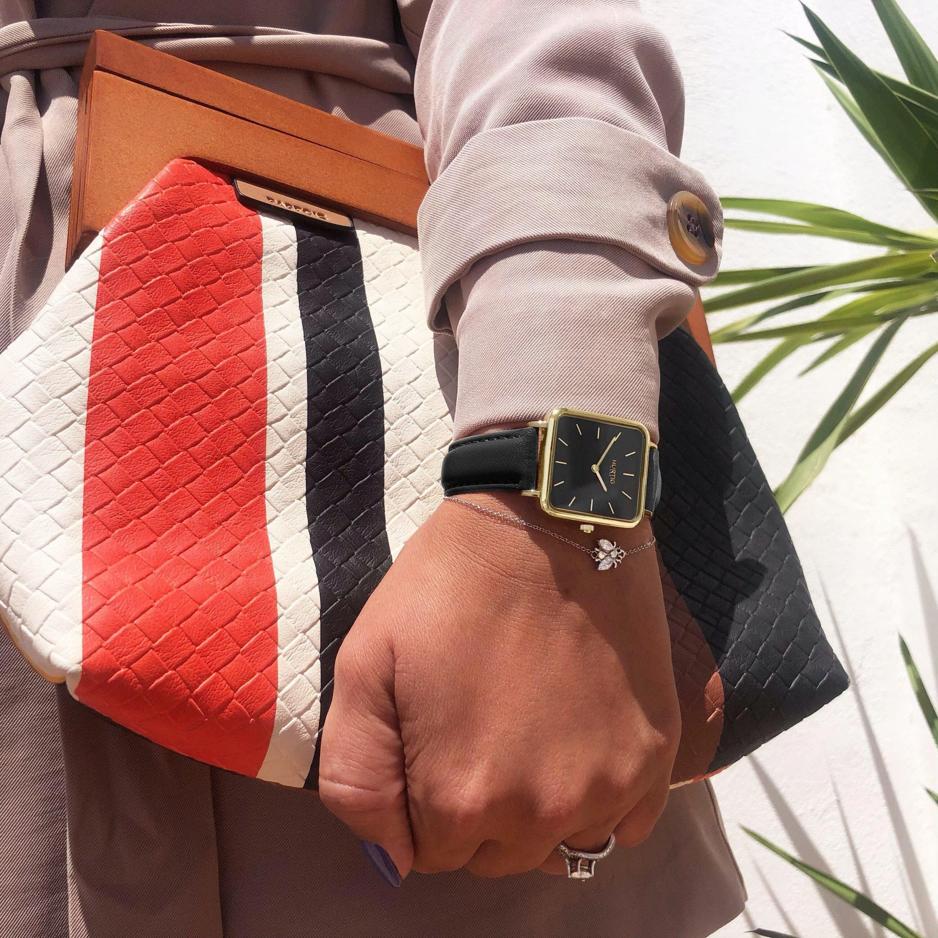 Neliö Square Vegan Leather Watch Gold, Black & Black
