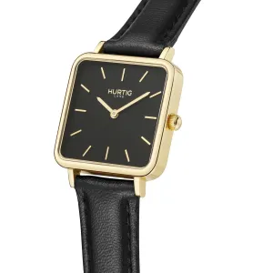 Neliö Square Vegan Leather Watch Gold, Black & Black