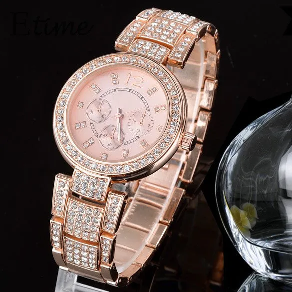 New Fashion Geneva Watch Women Dress Watches Rose gold Full Steel Analog Quartz men Ladies Rhinestone Wrist watches