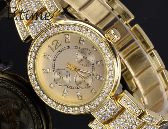 New Fashion Geneva Watch Women Dress Watches Rose gold Full Steel Analog Quartz men Ladies Rhinestone Wrist watches