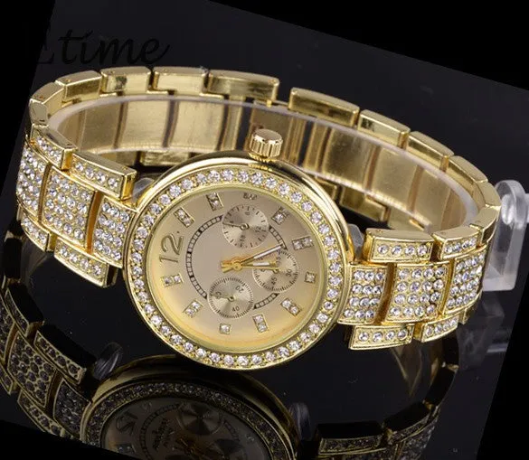 New Fashion Geneva Watch Women Dress Watches Rose gold Full Steel Analog Quartz men Ladies Rhinestone Wrist watches