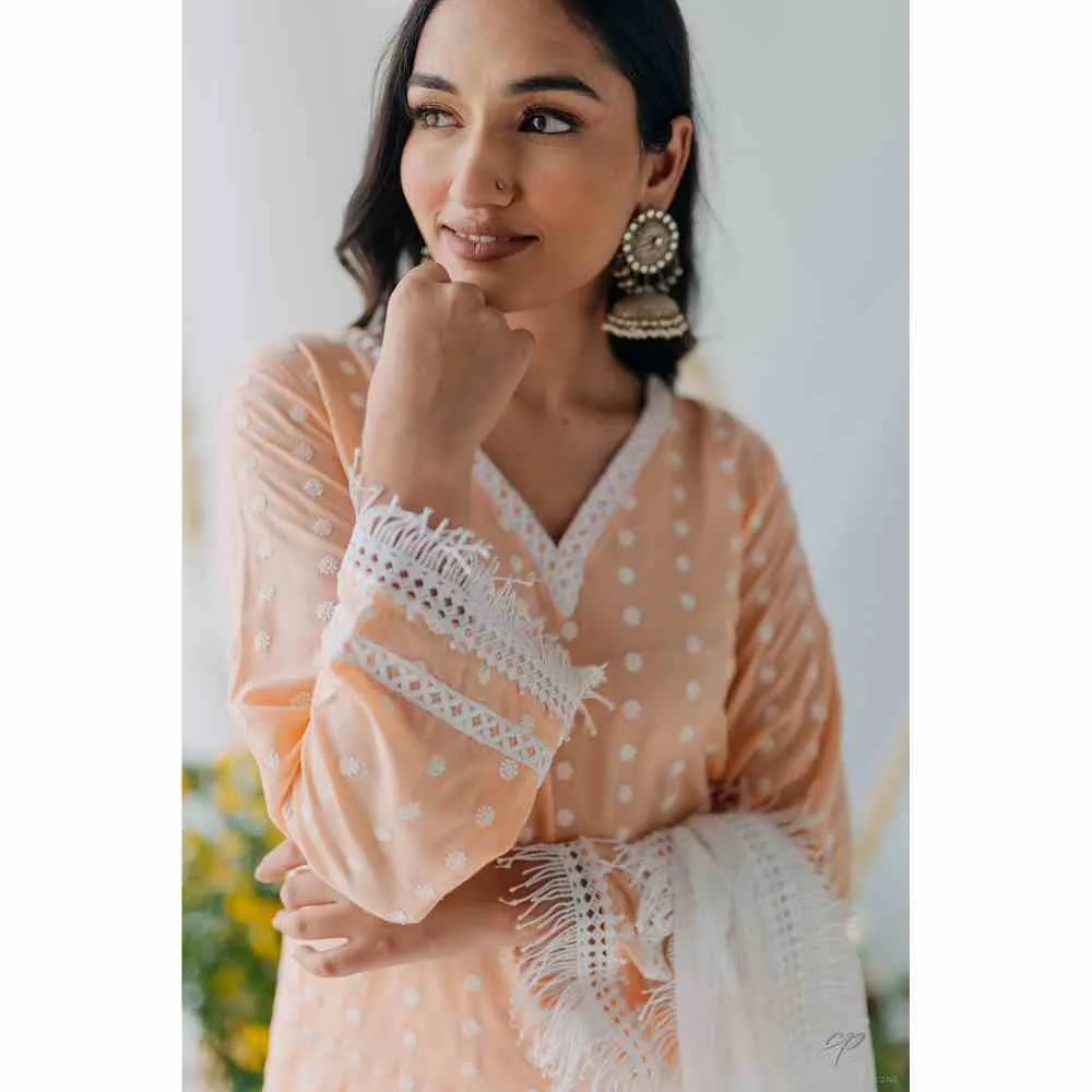 Old Marigold Sadia Peach Mulmul Kurta (Set of 2)