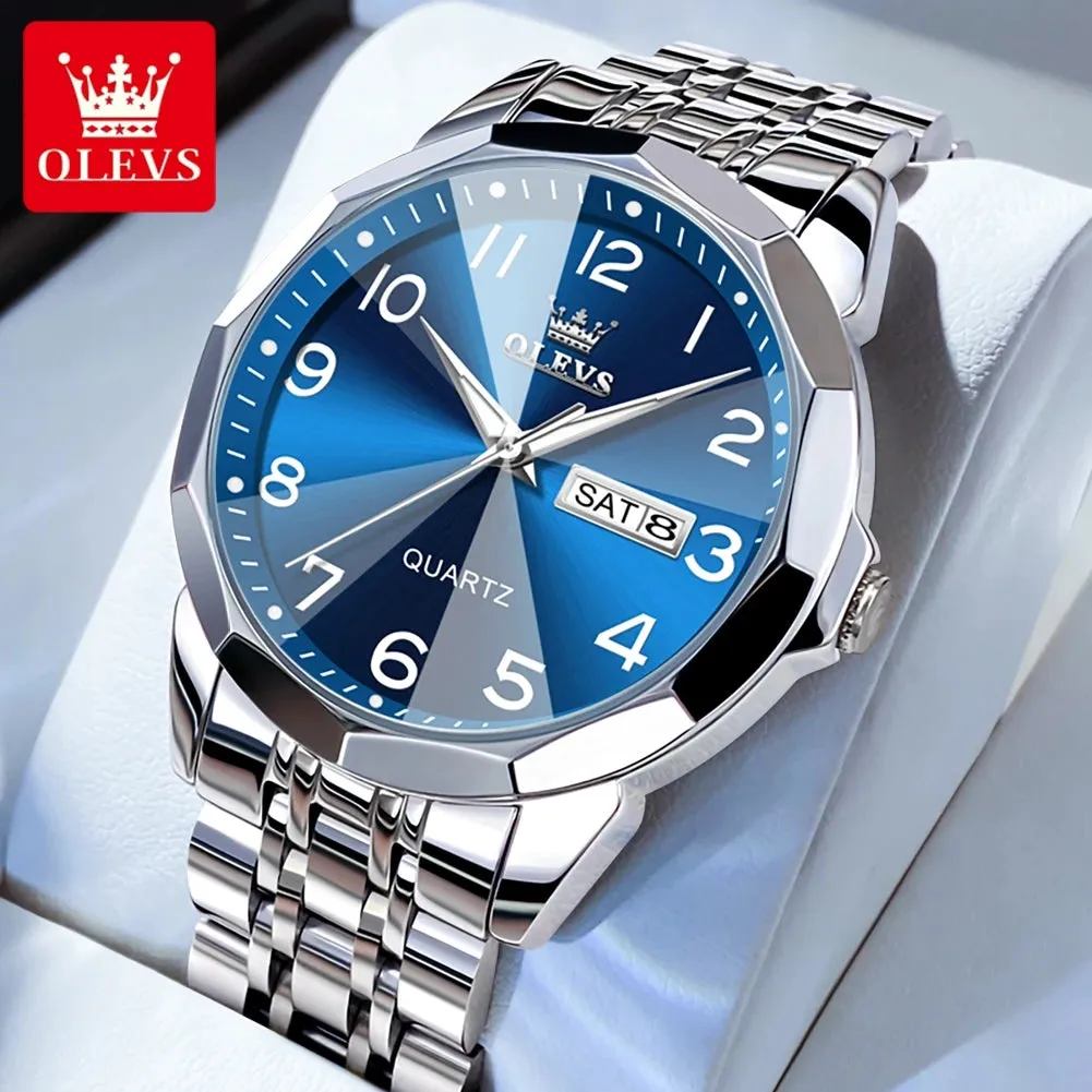 OLEVS Men's Watches Rhombus Mirror Original Quartz Watch for Man Waterproof Luminous Stainless Steel Wristwatch Male Date Week