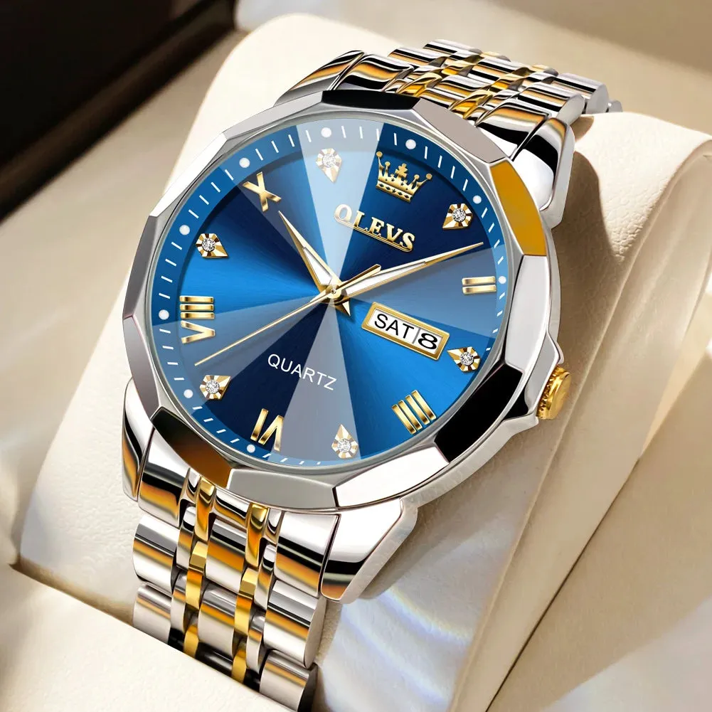 OLEVS Men's Watches Rhombus Mirror Original Quartz Watch for Man Waterproof Luminous Stainless Steel Wristwatch Male Date Week