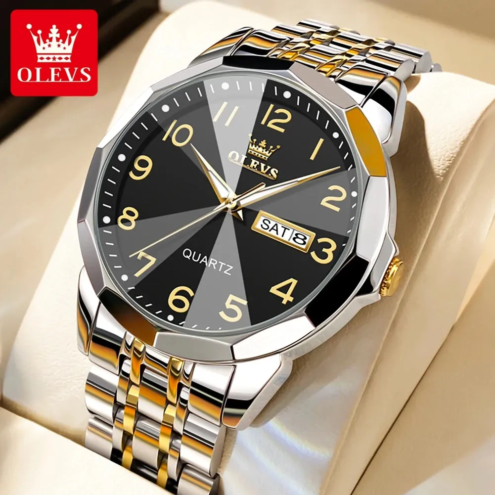 OLEVS Men's Watches Rhombus Mirror Original Quartz Watch for Man Waterproof Luminous Stainless Steel Wristwatch Male Date Week