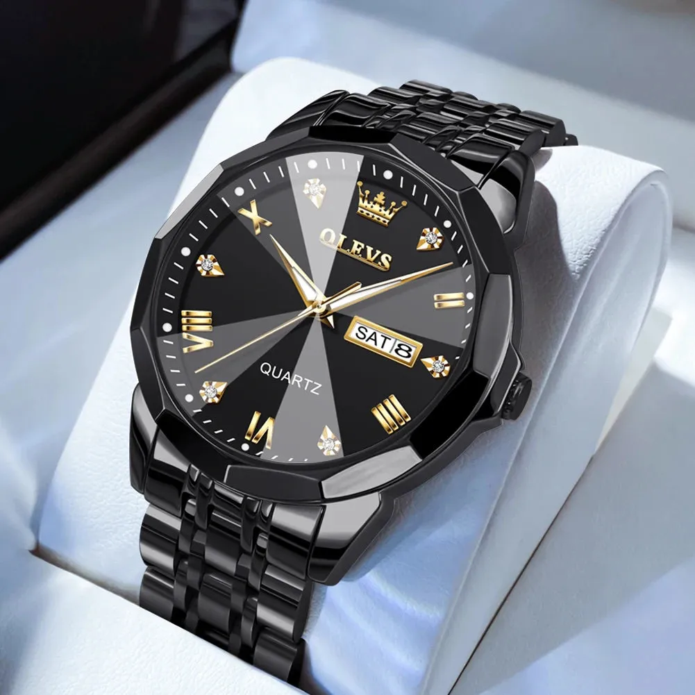 OLEVS Men's Watches Rhombus Mirror Original Quartz Watch for Man Waterproof Luminous Stainless Steel Wristwatch Male Date Week