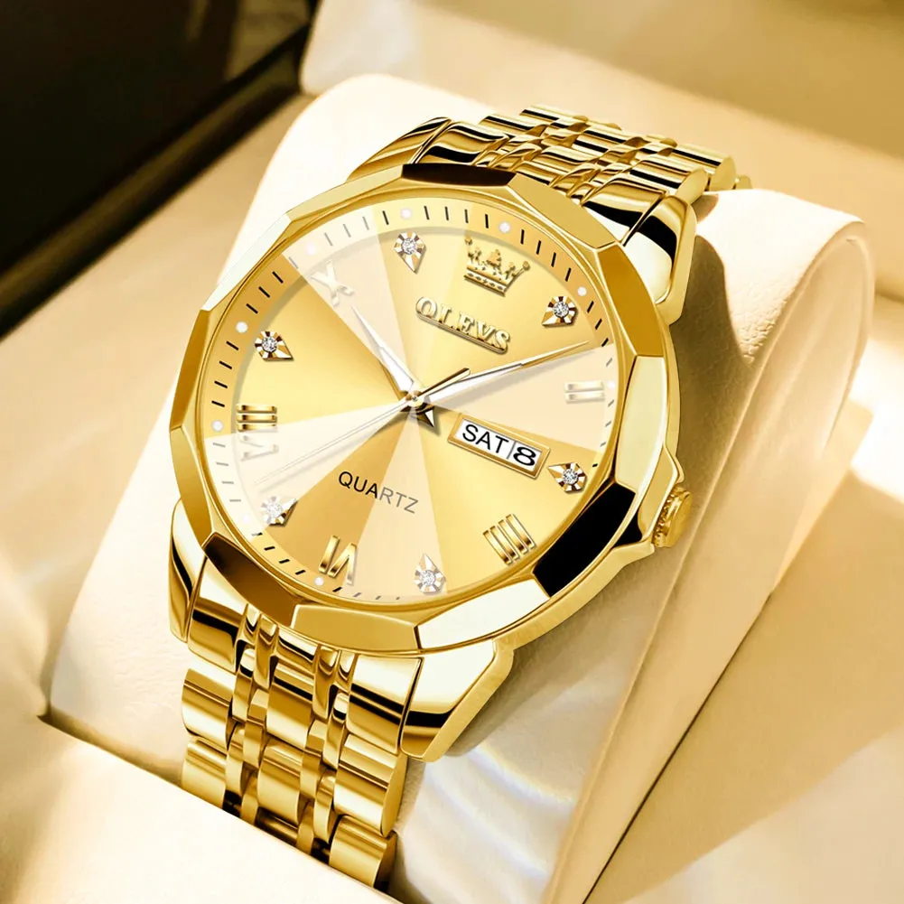 OLEVS Men's Watches Rhombus Mirror Original Quartz Watch for Man Waterproof Luminous Stainless Steel Wristwatch Male Date Week