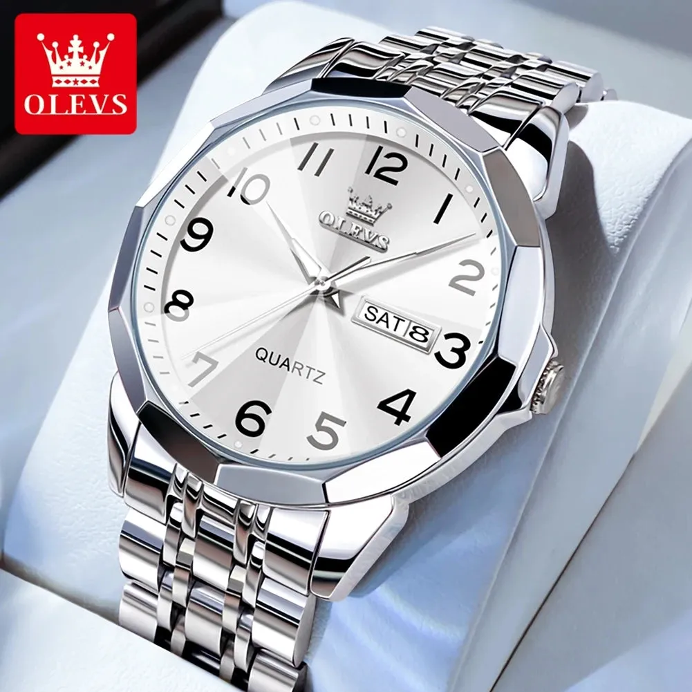 OLEVS Men's Watches Rhombus Mirror Original Quartz Watch for Man Waterproof Luminous Stainless Steel Wristwatch Male Date Week