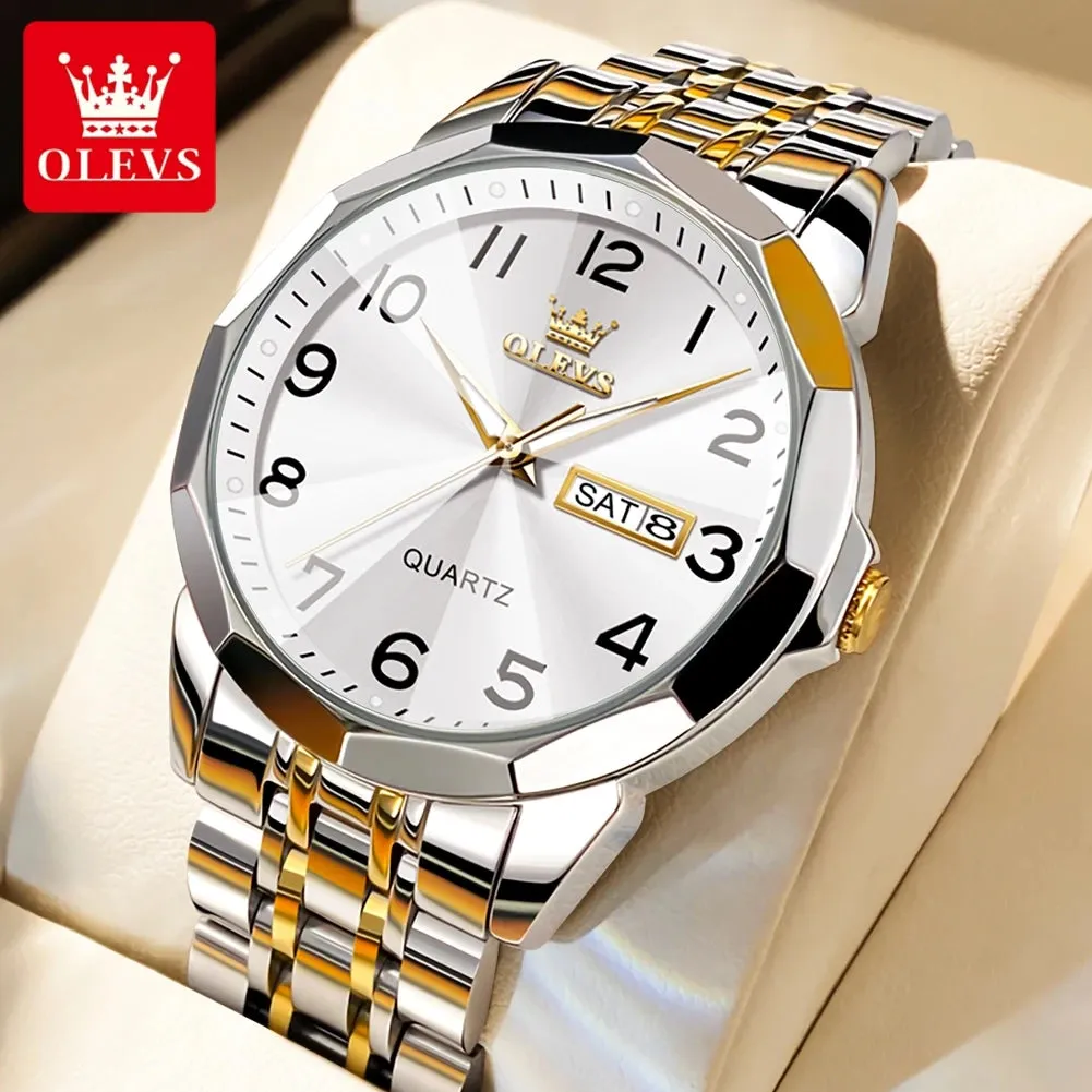 OLEVS Men's Watches Rhombus Mirror Original Quartz Watch for Man Waterproof Luminous Stainless Steel Wristwatch Male Date Week